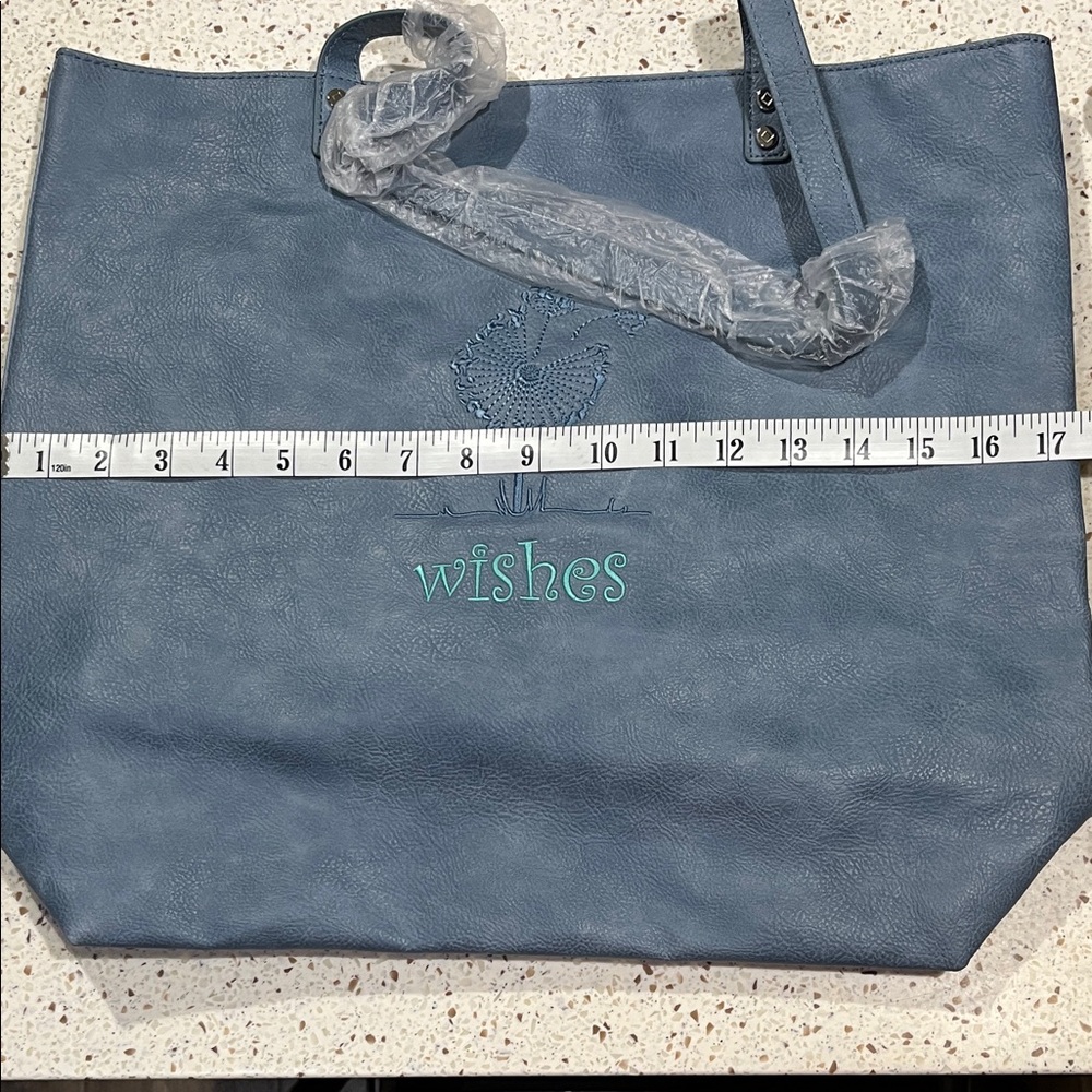 Thirty-one Around town Wishes Dandelion Embroidered Blue Tote Bag - Picture 6 of 7